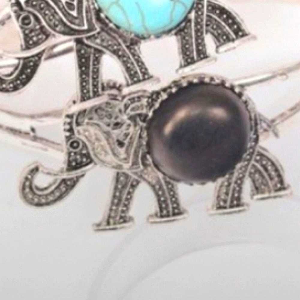 Elephant Bracelet Cuff Black stone Bracelet Bangle Adjustable one size fits most